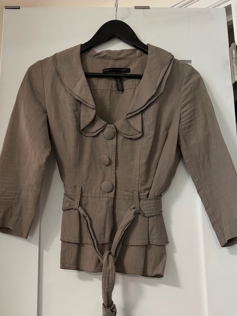 Robert Rodriguez Taupe Belted Ruffled-Collar Blazer